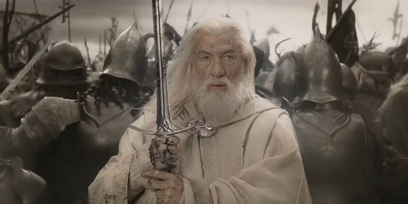 Ian Mckellan as Gandalf wields Glamdring at the Battle of the Black gate in The Lord of the Rings: Return of the King