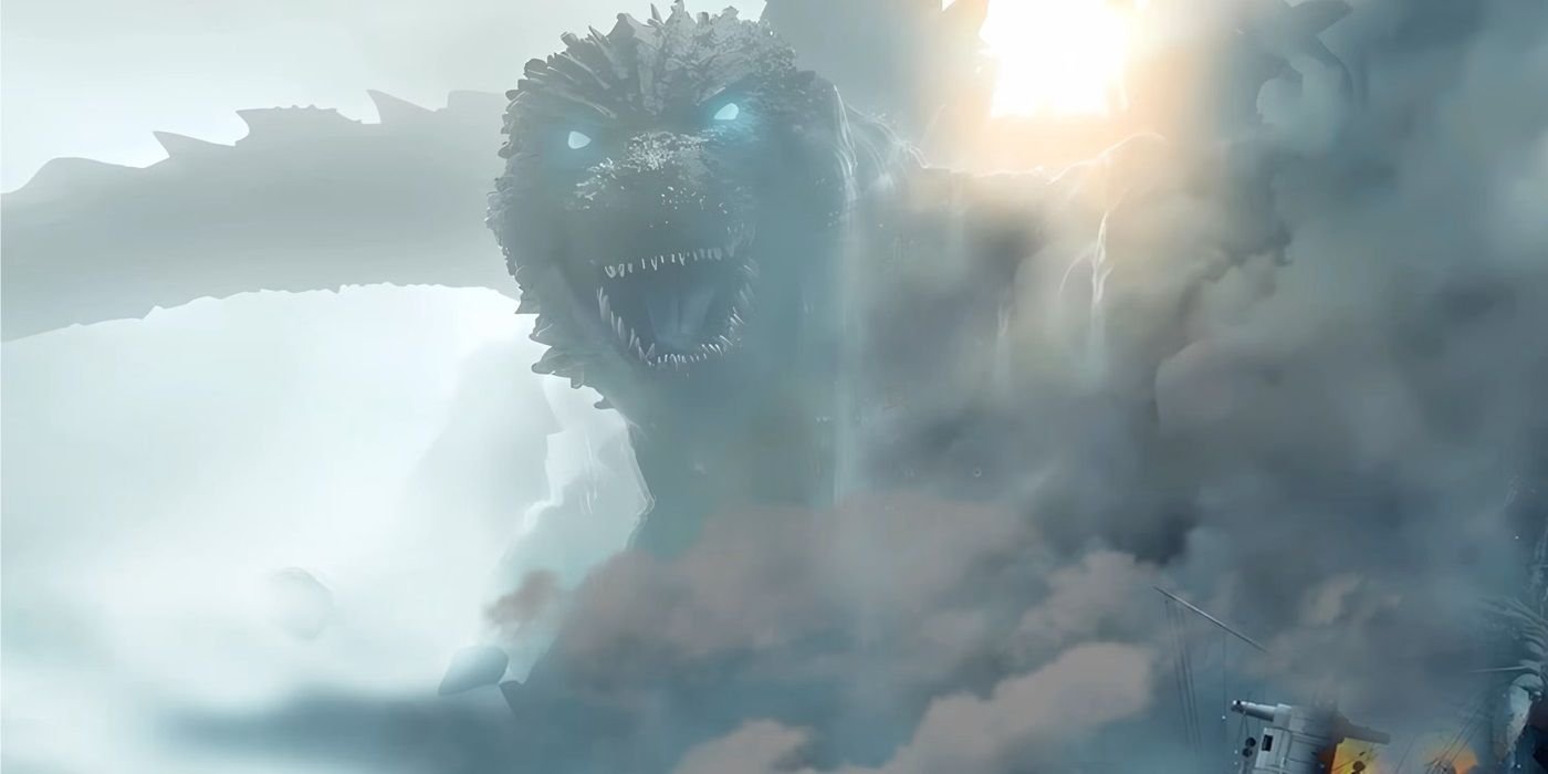Godzilla emerging from smoke with glowing eyes in Godzilla Minus One