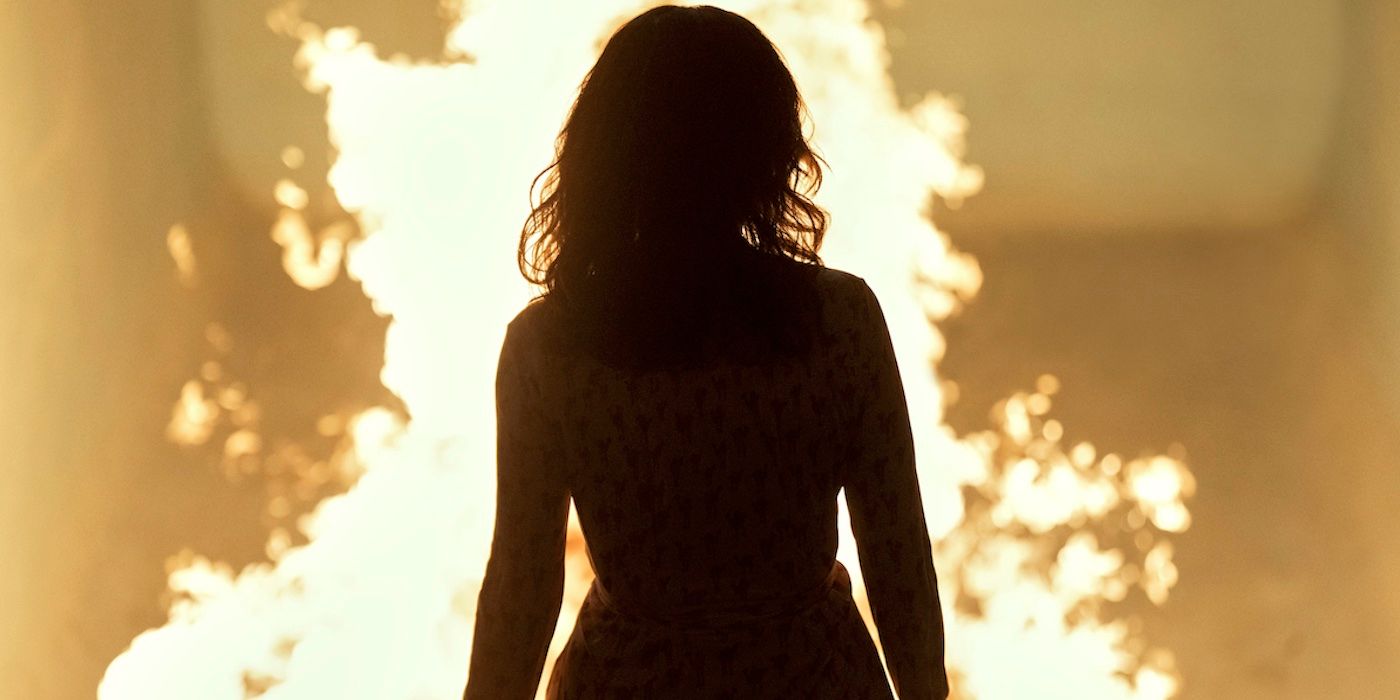 Griselda Blanco (Sofia Vergara) silhouette against a fire in 'Griselda'