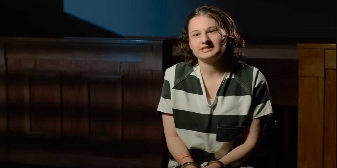 Gypsy Rose Blanchard giving an interview in a black and white prison uniform