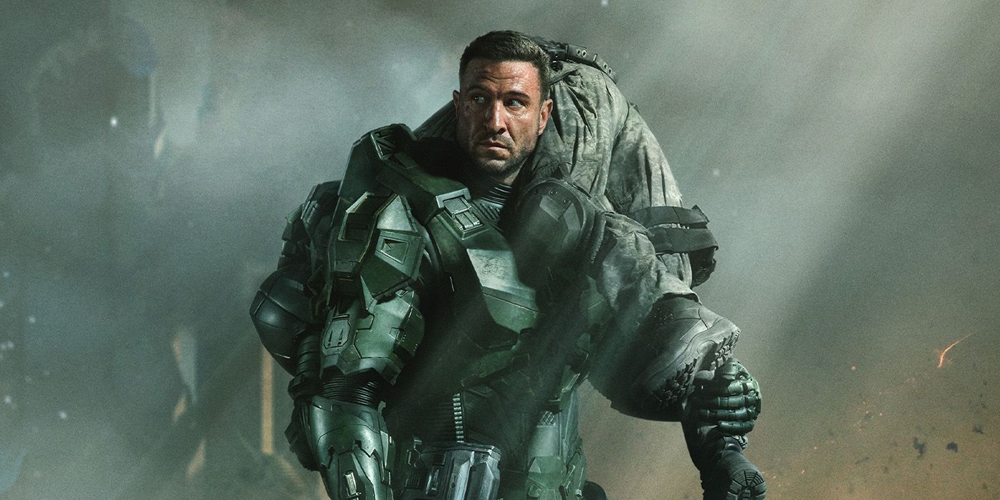 Pablo Schreiber carrying a fallen soldier on the poster for Halo Season 2