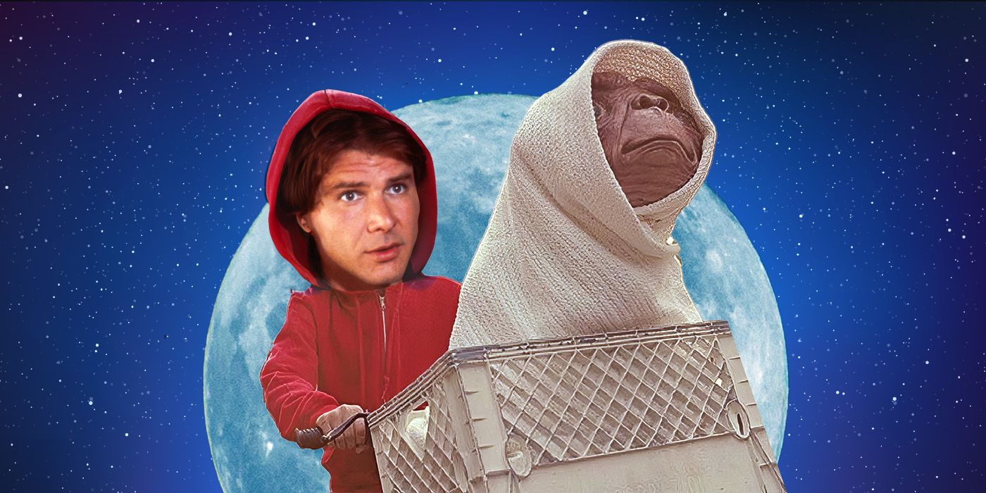A custom image of Harrison Ford's face superimposed on Elliot's body, riding a bike with ET in the front basket