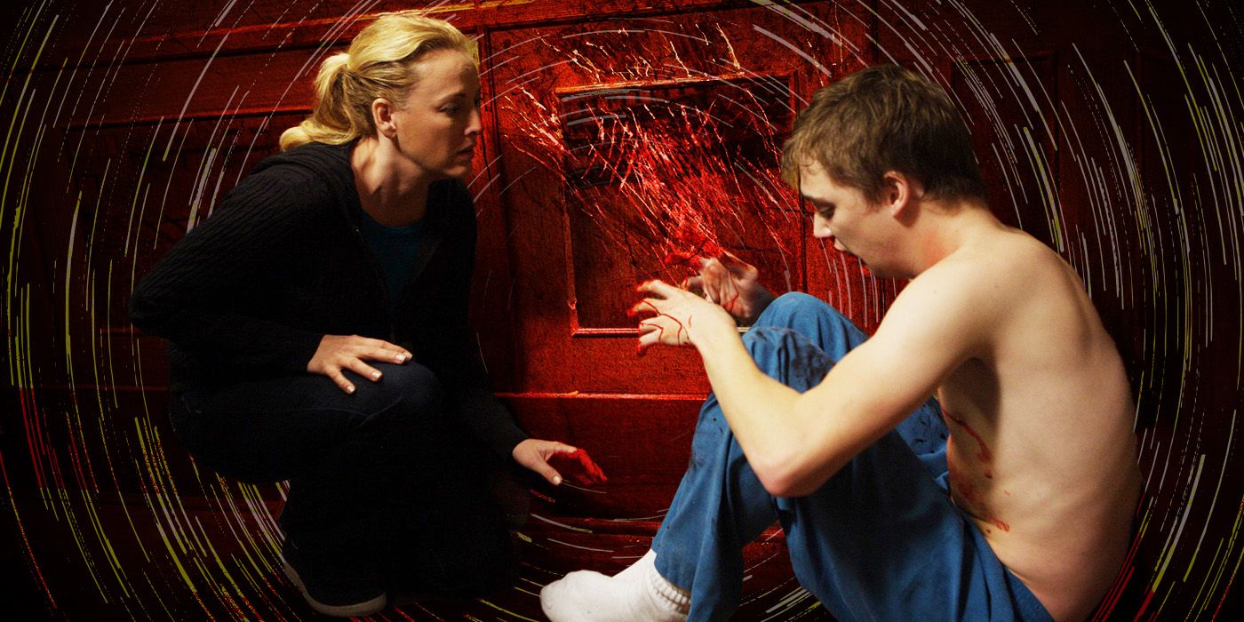 Virginia Madsen and Kyle Gallner from The Haunting in Connecticut against a red background