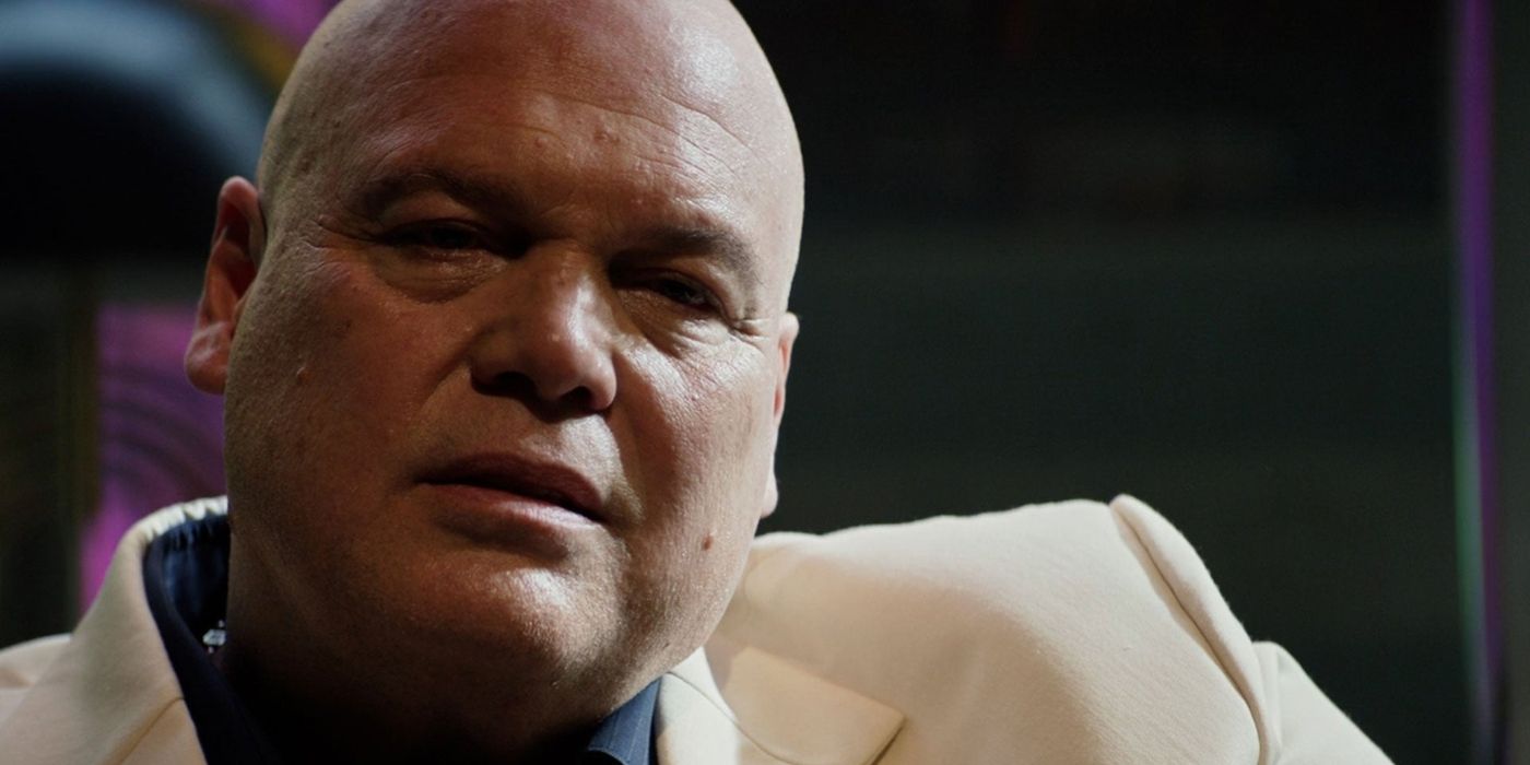 A close up of Wilson Fisk, played by Vincent D'Onofrio, staring ahead with a menacing straight face in Hawkeye