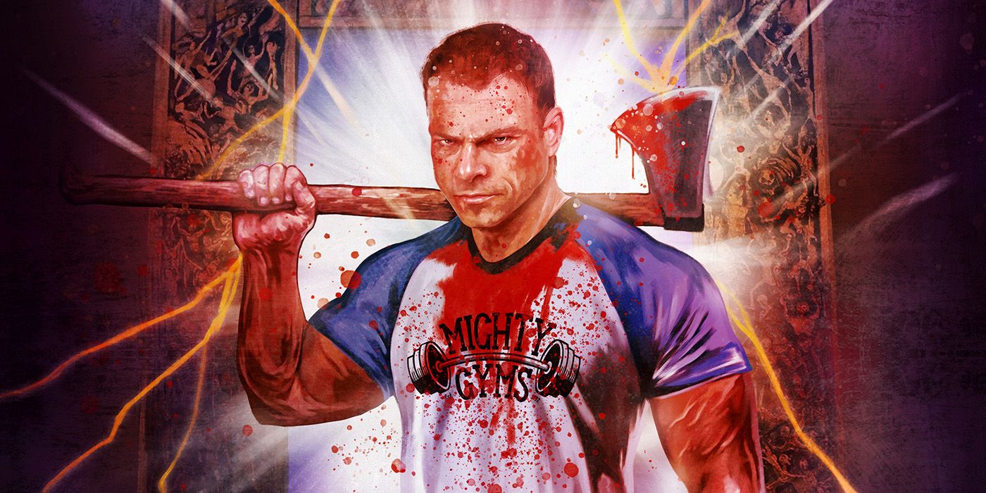 Shawn Roberts holding an axe in front of a bright light on the Here for Blood poster