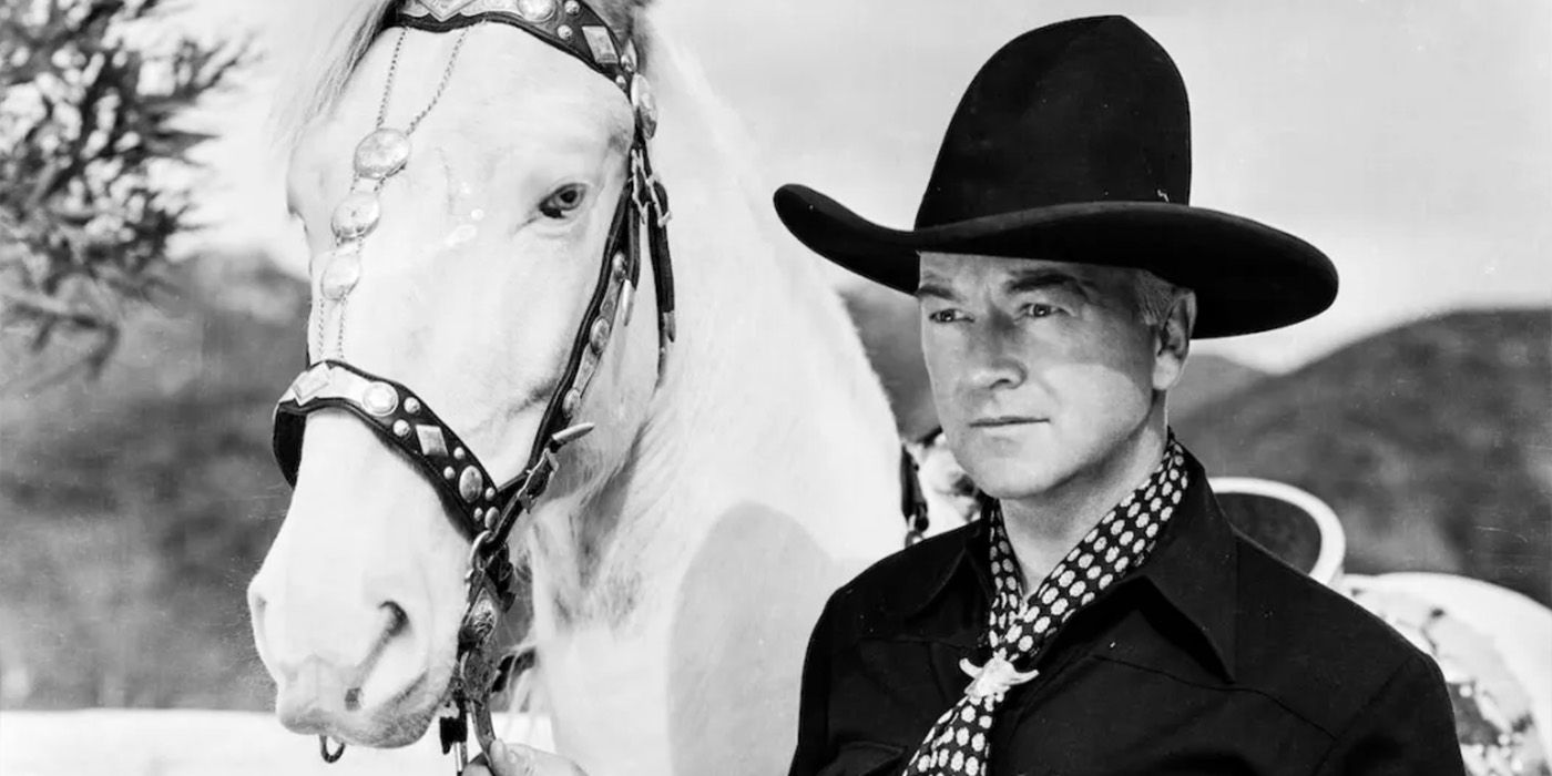 William Boyd as Hopalong Cassidy alongside his horse for 'Hopalong Cassidy'