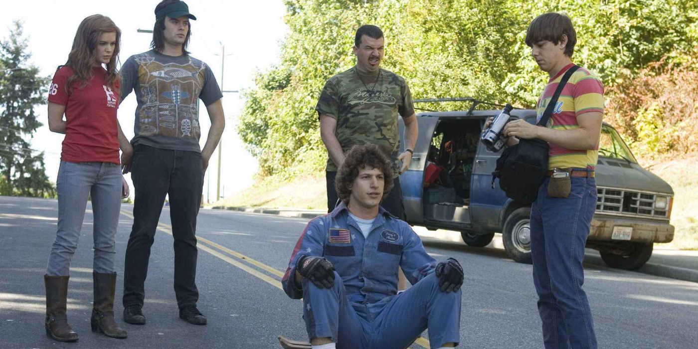 Andy Samberg as Rod Kimble about to luge down a hill in Hot Rod