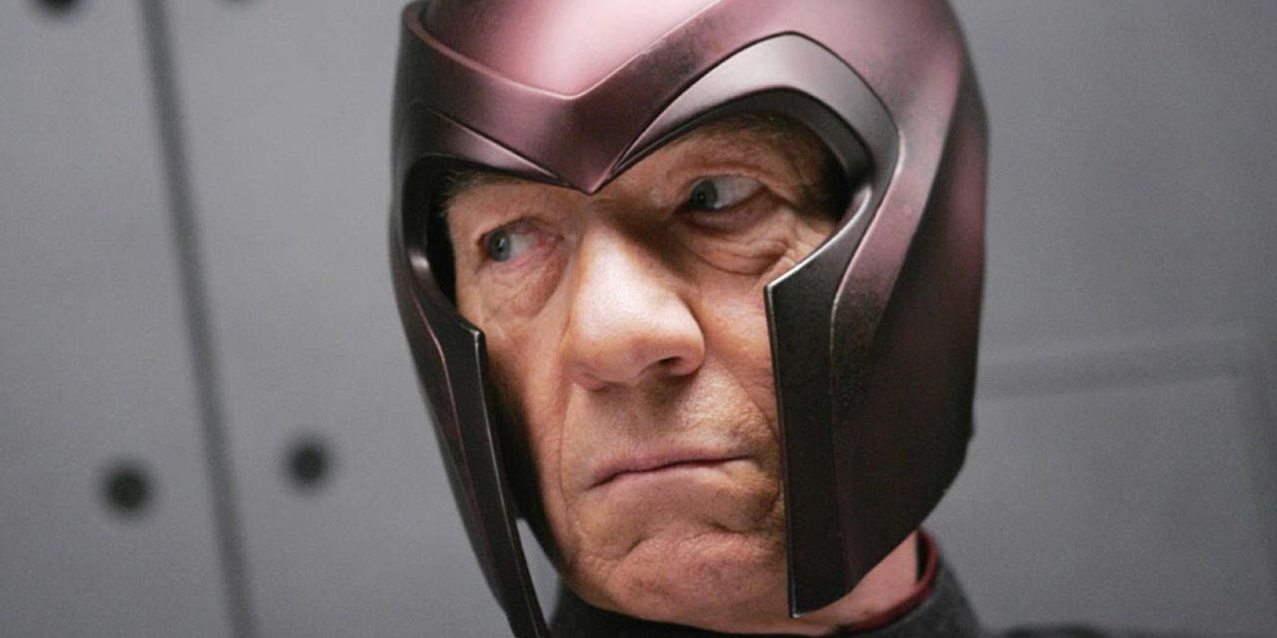 Magneto (Ian McKellen) with his helmet on, looking to his right in X-Men
