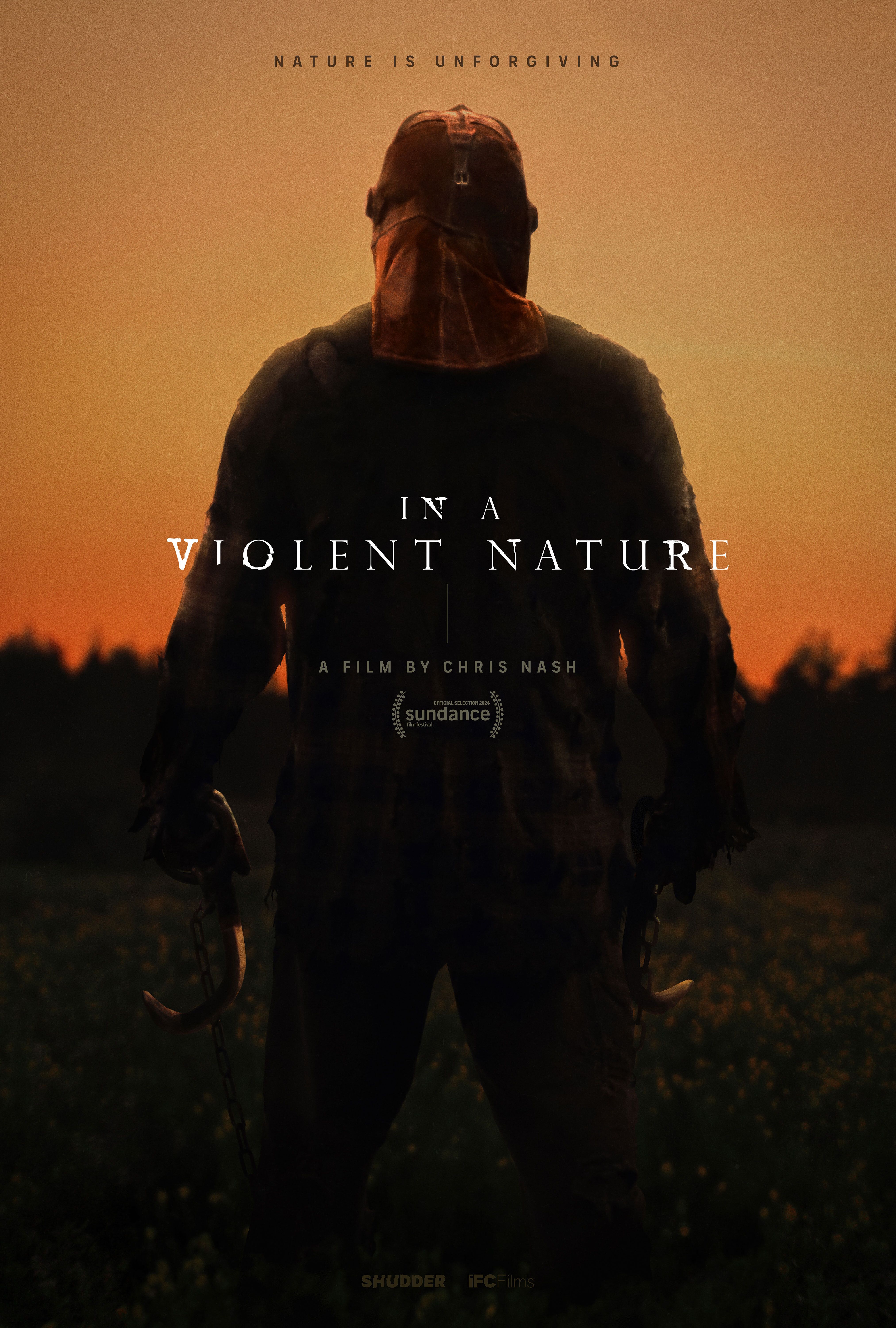 Chris Nash's new slasher, Johnny, stands in front of sunset in a poster for 'In a Violent Nature'