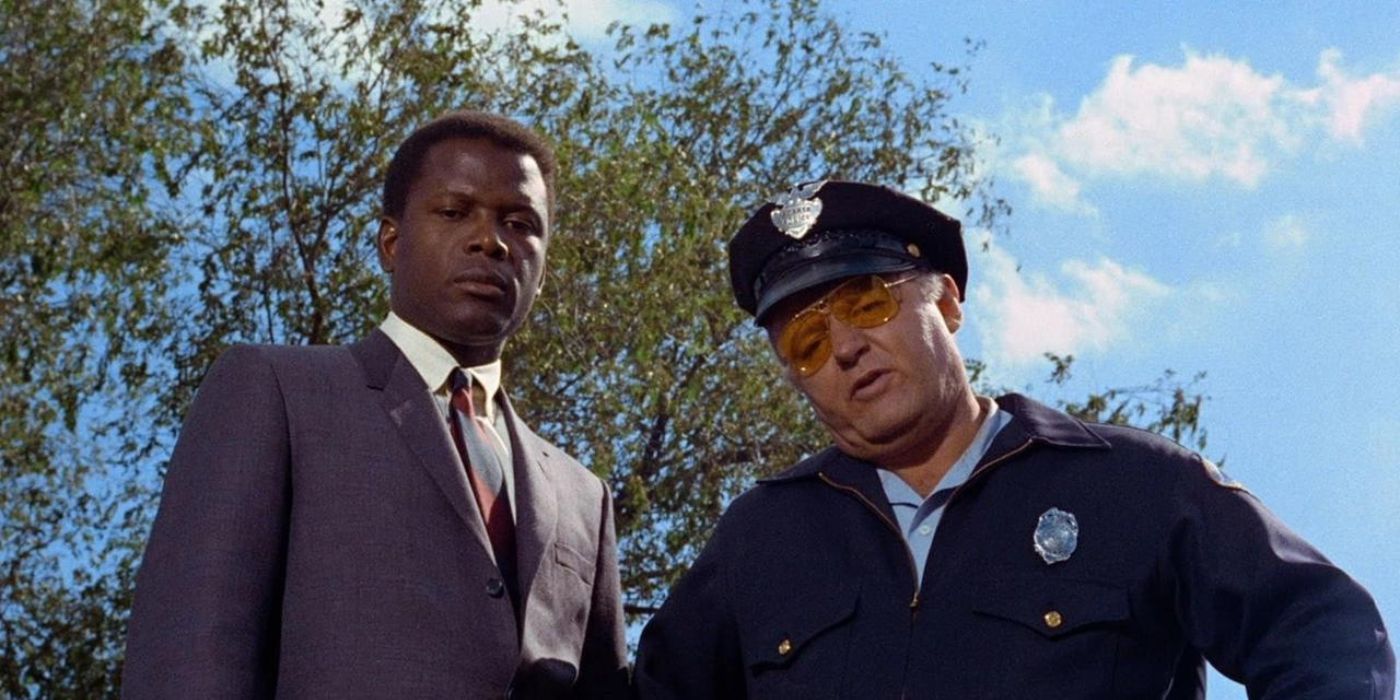 Sidney Poitier as Virgil Tibbs and Rod Steiger as Chief Bill Gillespie looking down in In the Heat of the Night