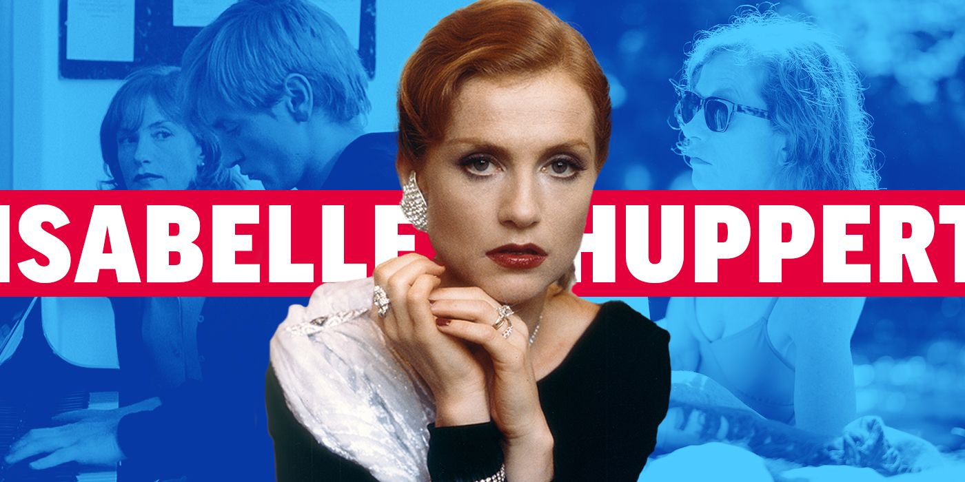 Blended image showing three Isabelle Huppert characters and a banner with her name on it.
