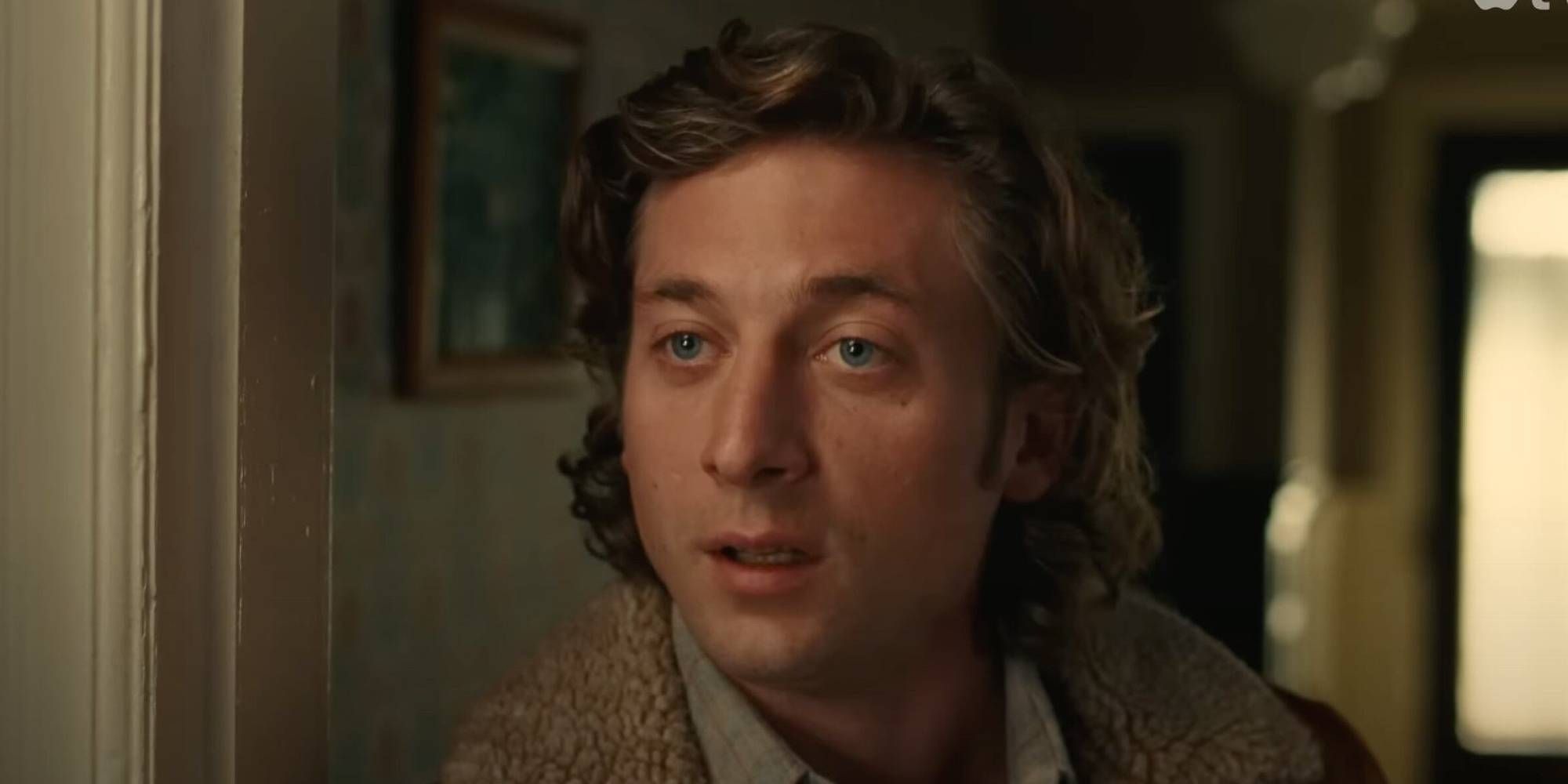 Close-up shot of Jeremy Allen White with his mouth slightly open in Fingernails