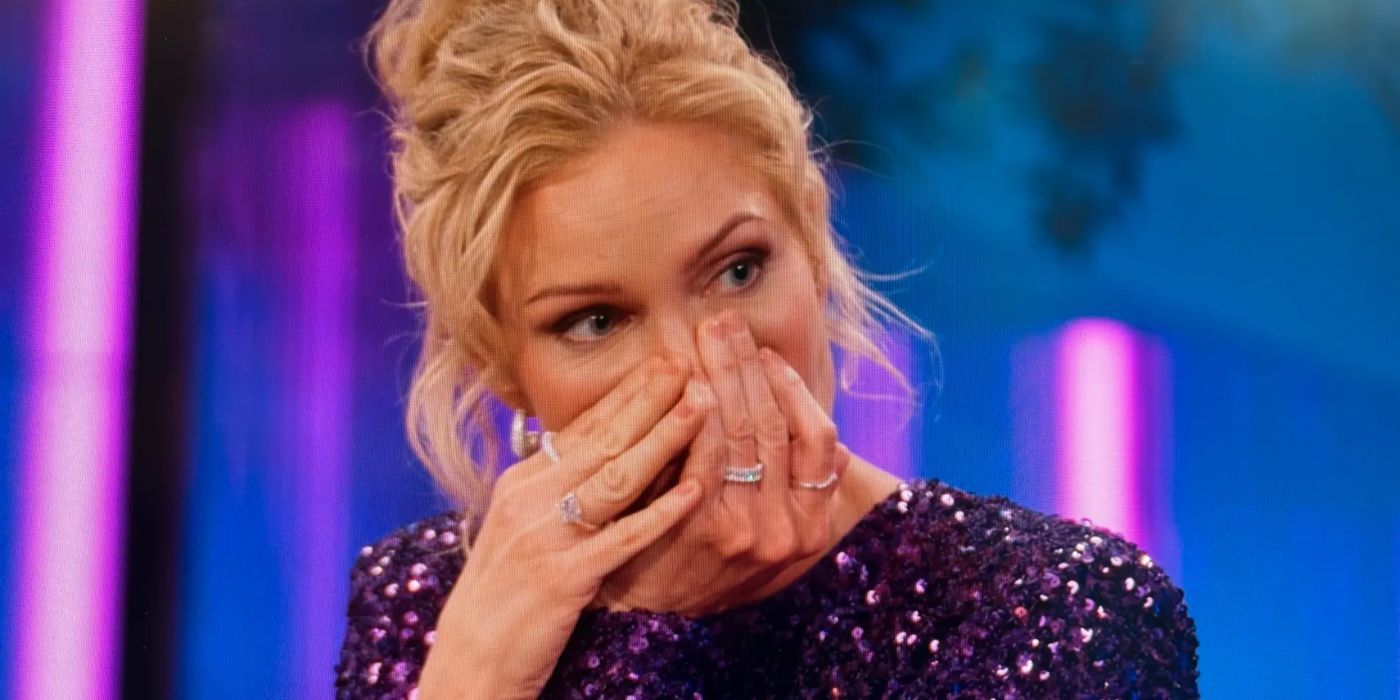 'Love is Blind: Sweden' host Jessica Almenäs with her hands in front of her face in shock during the reality show finale.