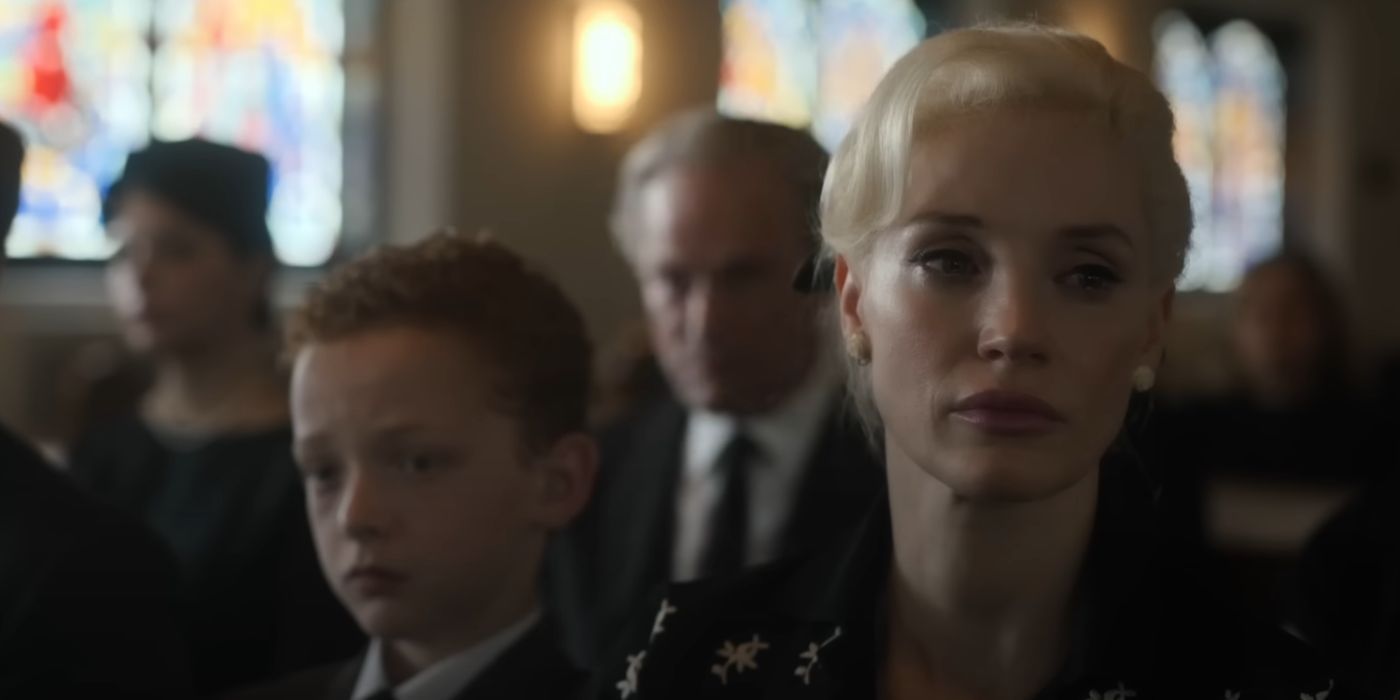 Jessica Chastain as Alice at a funeral in Mothers' Instinct