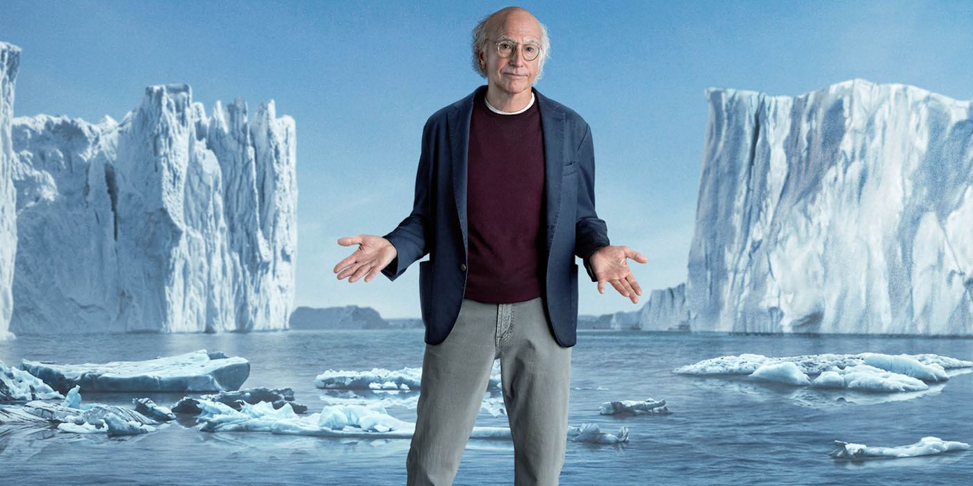 Larry David standing with his hands out on top of a melting ice cap in the poster for Curb Your Enthusiasm Season 12