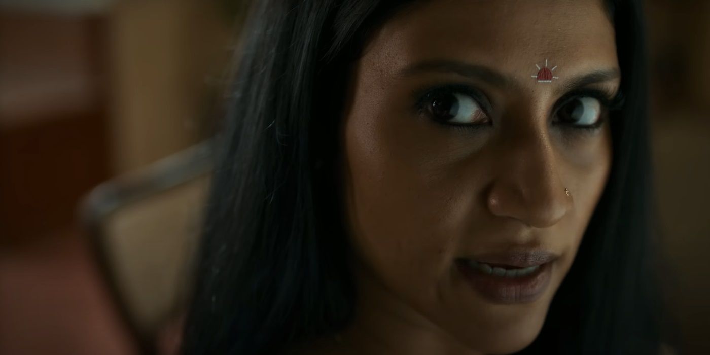 Close up of Konkona Sen Sharma as Swathi looking at the camera in 'Killer Soup'