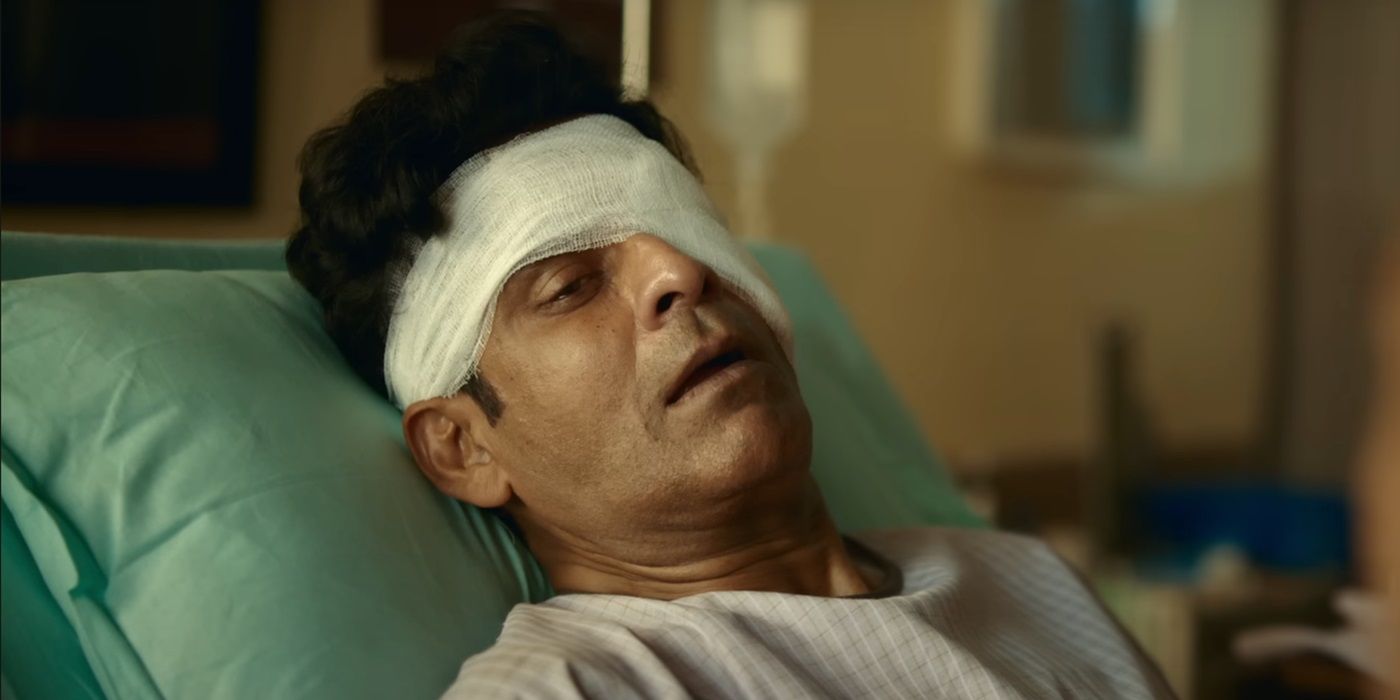 Manoj Bajpayee as Umesh lying in a hospital bed with a bandaged eye in 'Killer Soup'