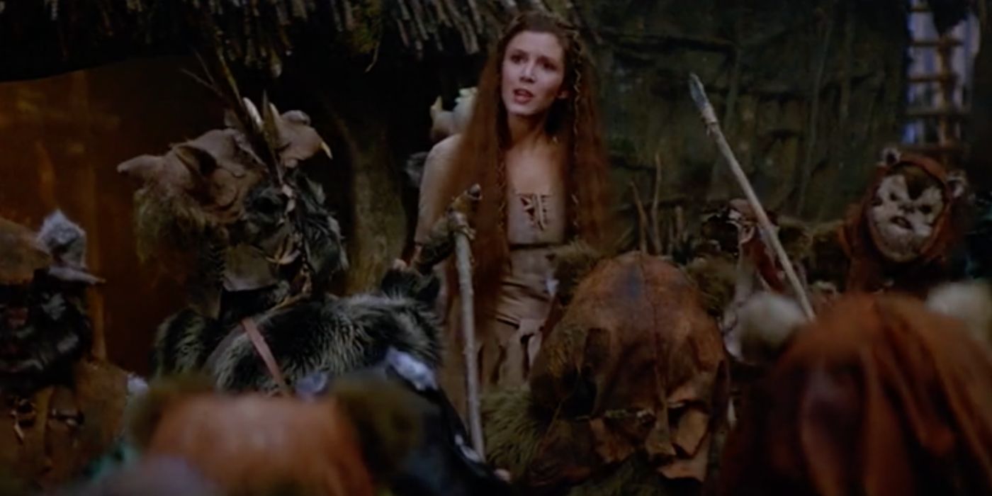 Princess Leia, played by Carrie Fisher, among the Ewoks in Return of the Jedi.