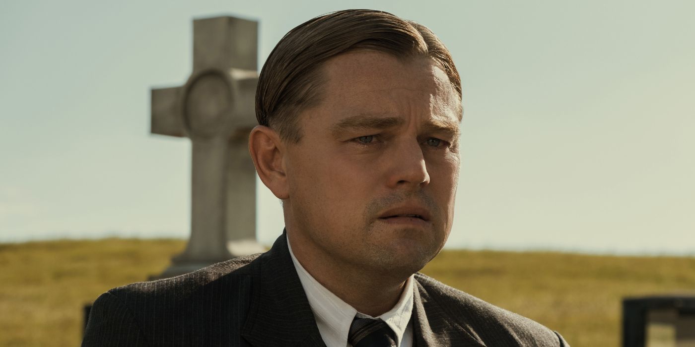 Leonardo DiCaprio as Ernest Burkhart, crying at a funeral in Killers of the Flower Moon