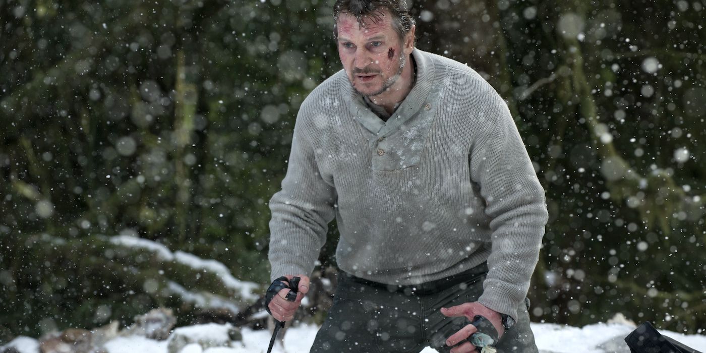 Ottway (Liam Neeson) holding a knife in The Grey