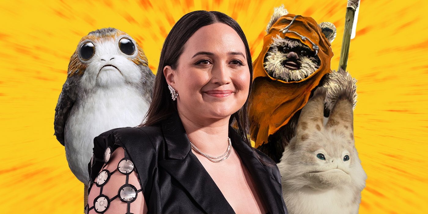 Lily Gladstone with a porg, an ewok, and a loth-cat from Star Wars