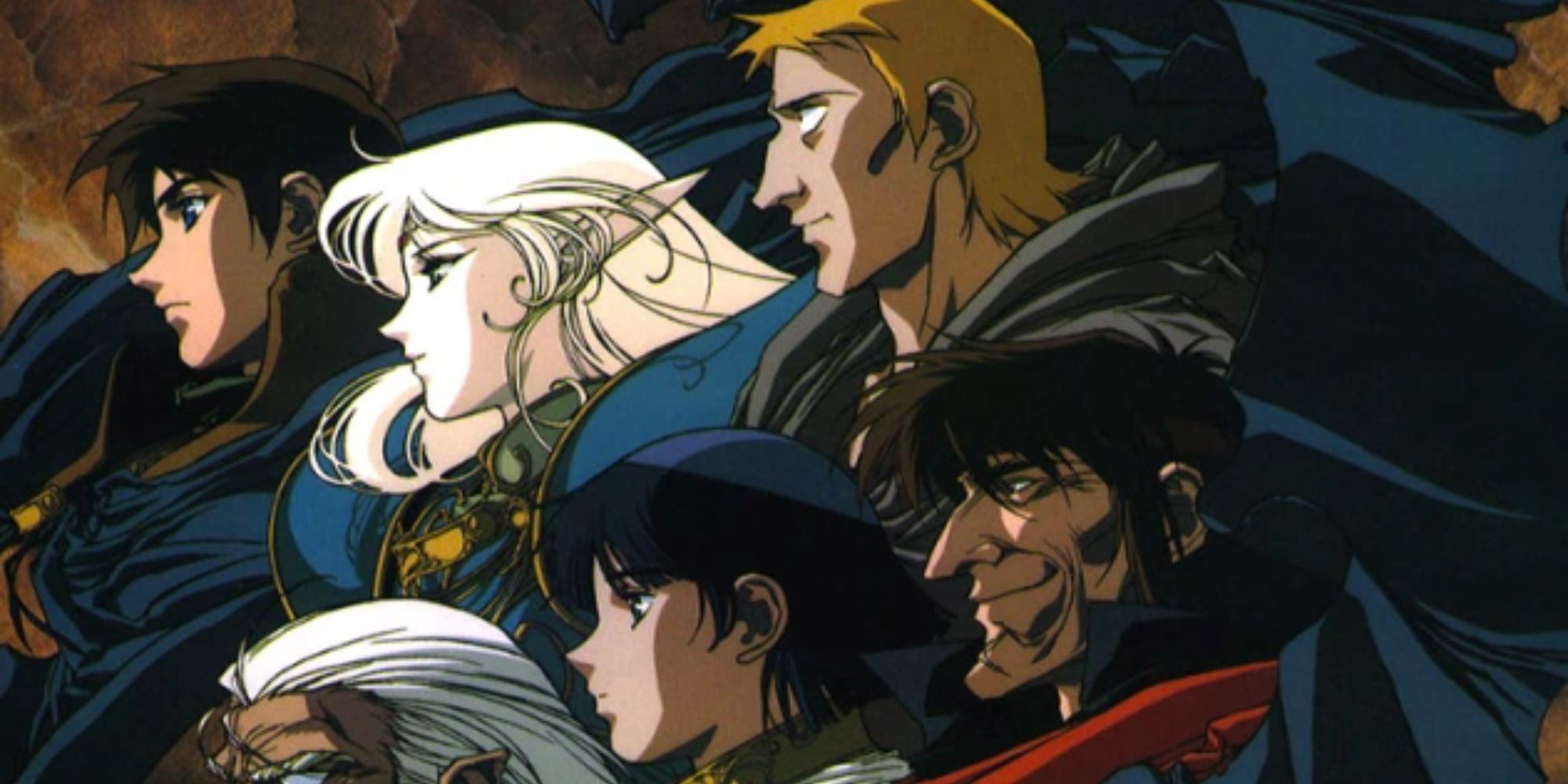 The characters from Record of Lodoss War gather in a group image looking off camera and wearing uniforms.