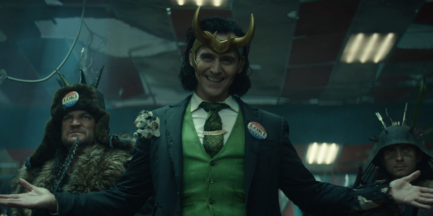 Loki, played by Tom Hiddleston, wearing his horned crown in the show Loki.