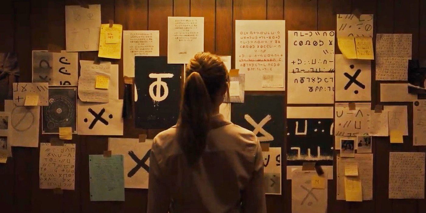 Maika Monroe as Lee Harker standing in front of a board of clues in Longlegs