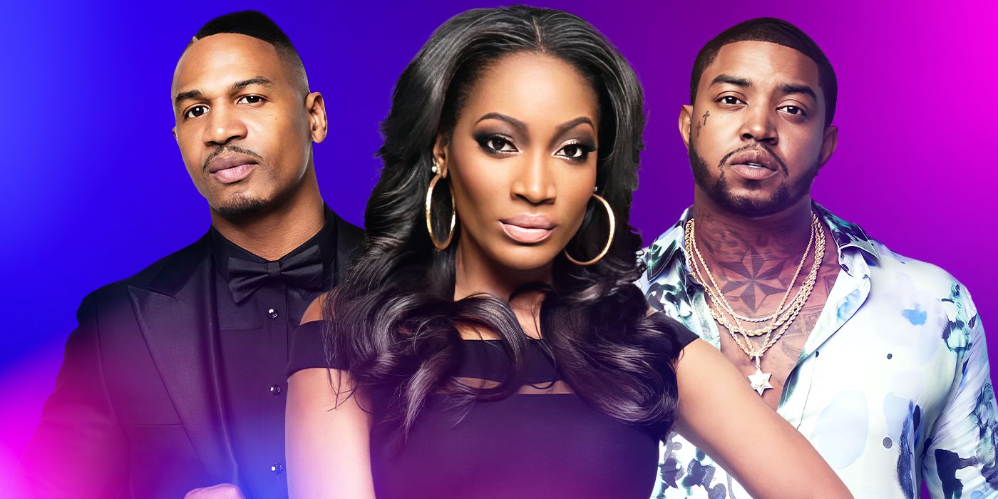 (l to r) Stevie J, Erica Dixon, and Scrappy pose in front of purple background 
