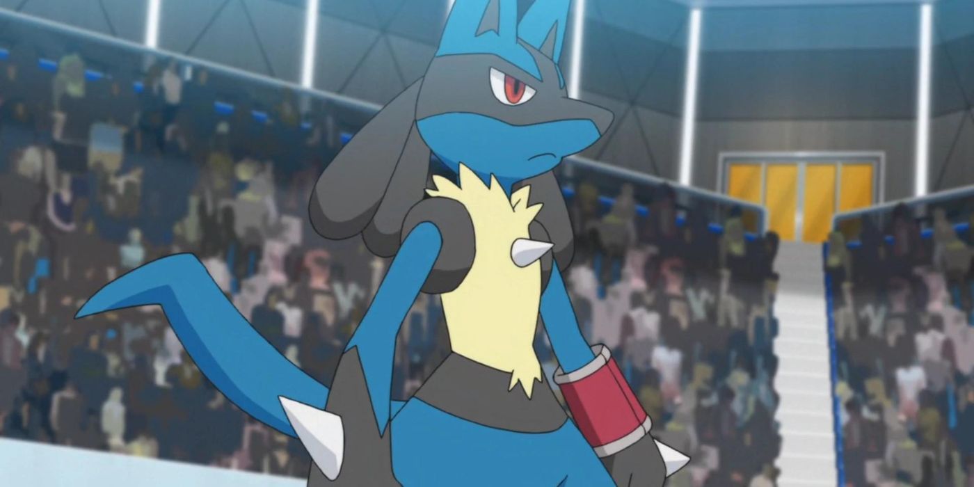 Lucario standing in battle in the Pokémon anime