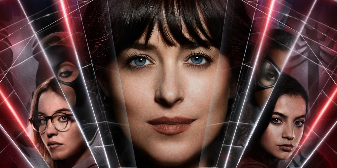 Sydney Sweeney as Julia Carpenter, Dakota Johnson as Cassie Web, and Isabela Merced as Anya Corazon on the poster for Madame Web