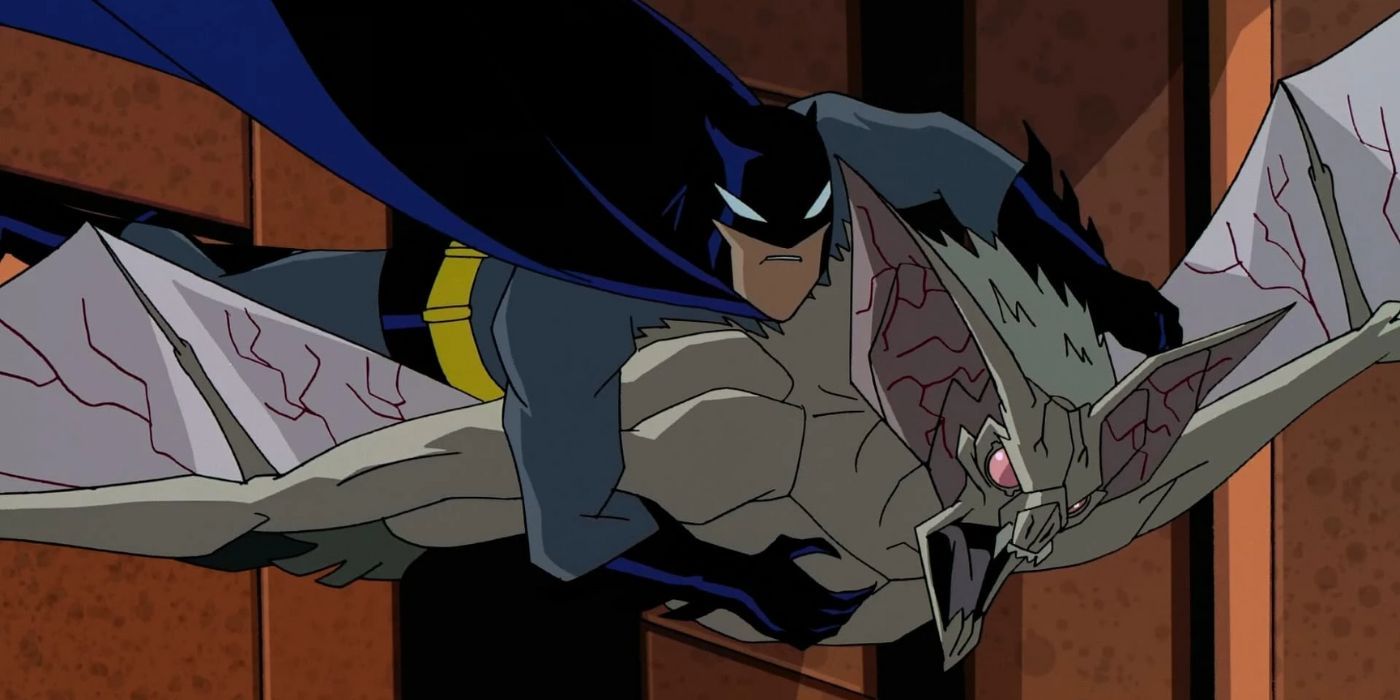 Batman wrestles with Man-Bat in midair