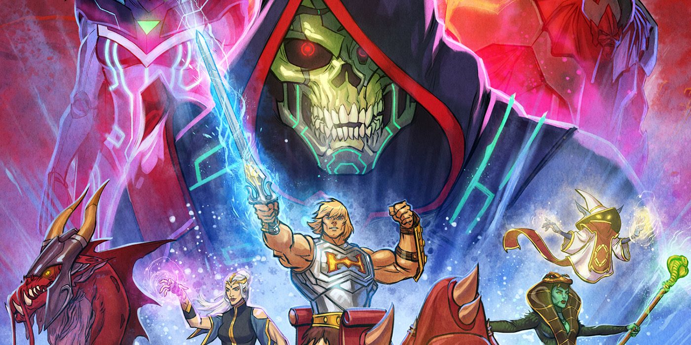 Skeletor floating over other Masters of the Universe: Revolution characters on a new poster
