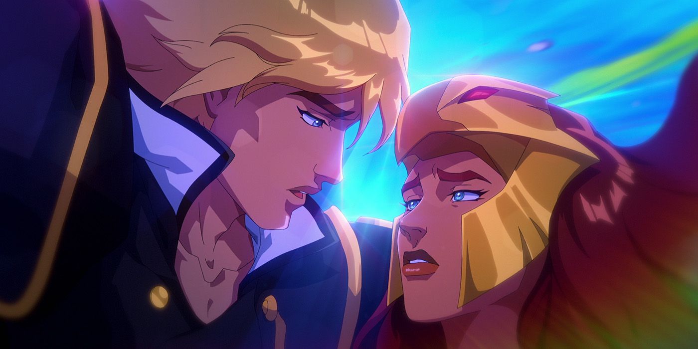 He Man and She Ra almost kissing in Masters of the Universe: Revolution