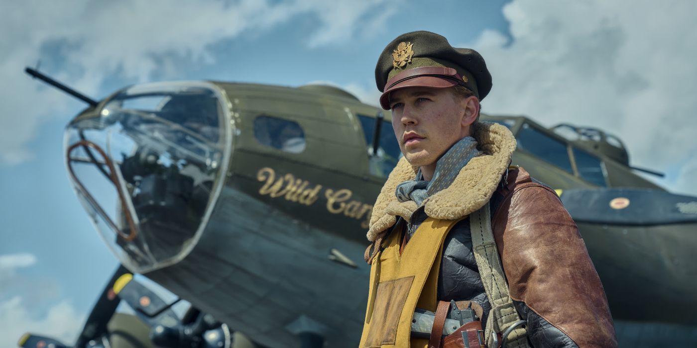 Austin Butler as Major Gale Cleven, standing beside his plane, in Masters of the Air