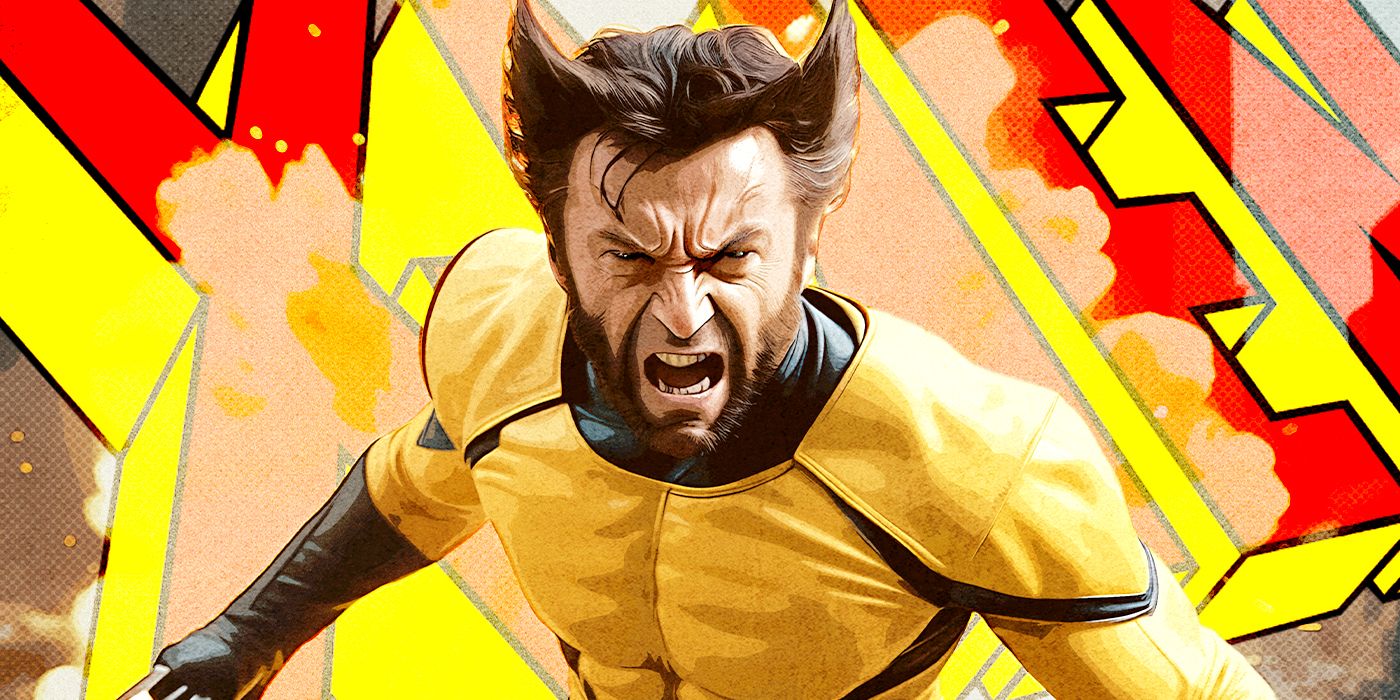 Hugh Jackman's Wolverine with a stylized X-Men background