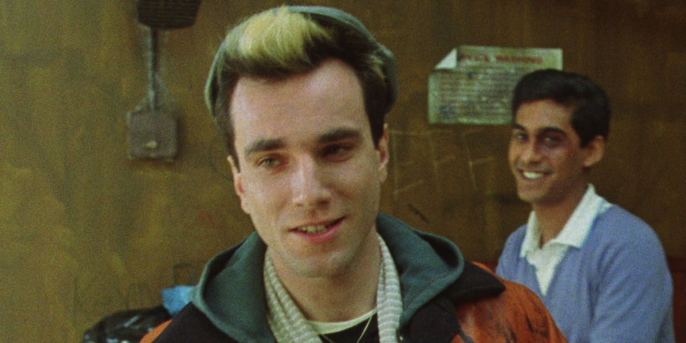 Daniel Day-Lewis as Johnny, smiling in his laundrette in My Beautiful Laundrette