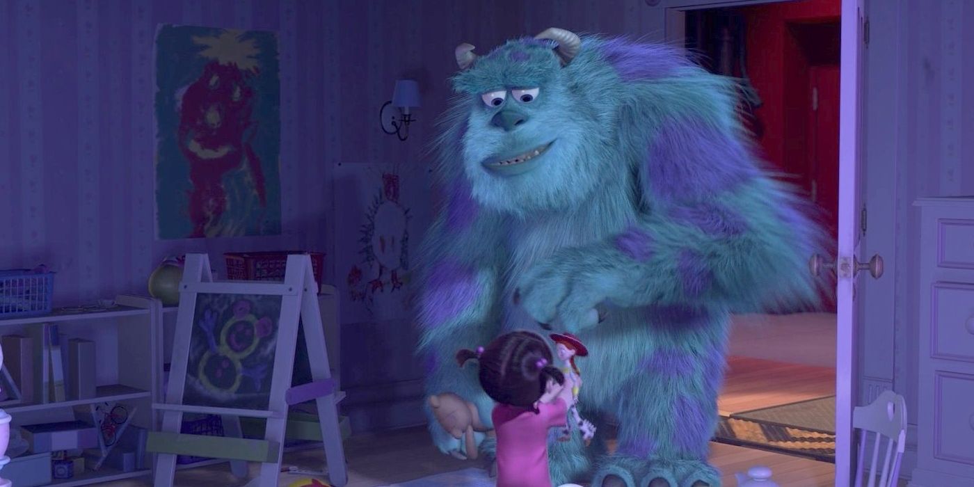 Boo playing in her bedroom and showing a Jessie doll to Sulley in Monsters, Inc.