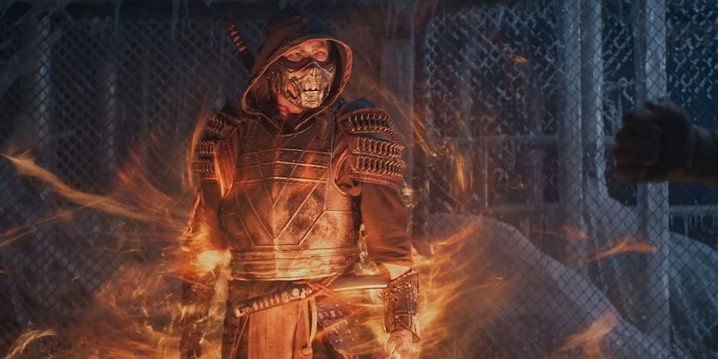 Hiroyuki Sanada as Scorpion wrapped in fiery aura in 2021's Mortal Kombat
