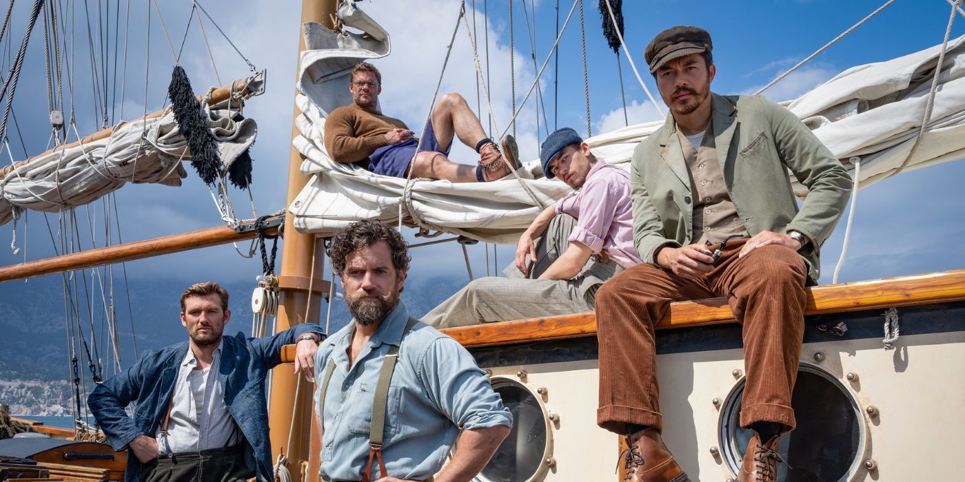 Henry Cavill, Henry Golding, Alan Ritchson, Alex Pettyfer-hero-fiennes-Tiffin, in character on a ship, in The Ministry of Ungentlemanly Warfare