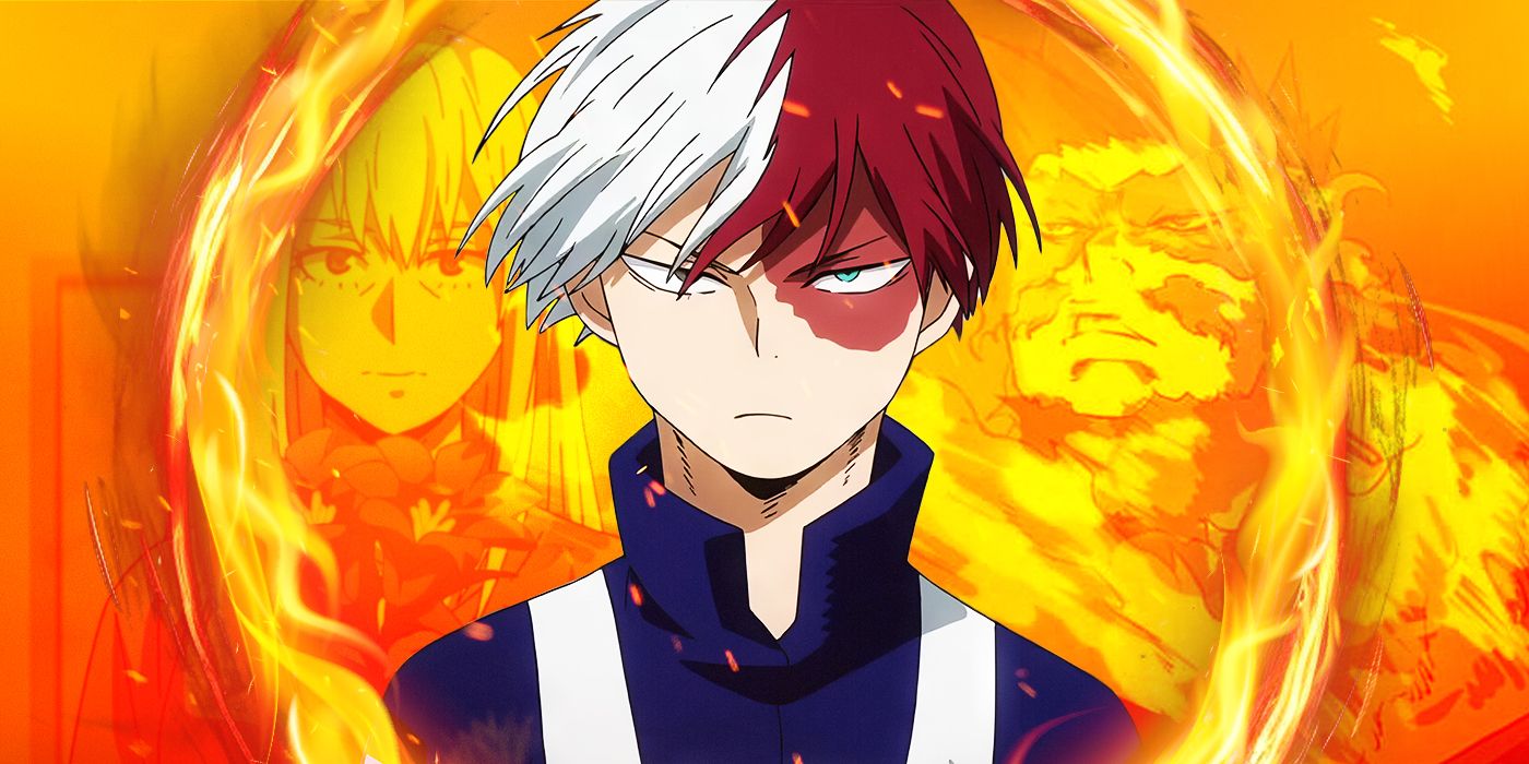 My Hero Academia's Shoto, Enji, and Rei with a fiery background