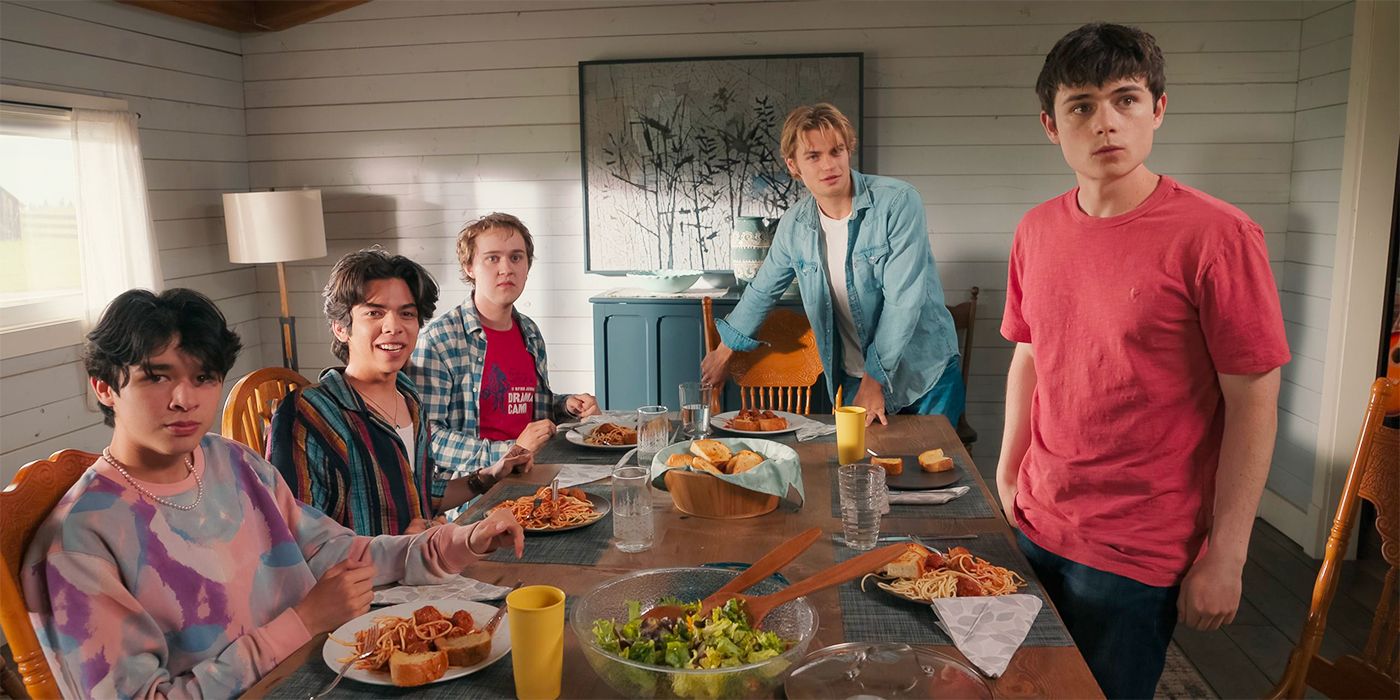 Lee, Isaac, Danny, Cole, and Alex standing around a breakfast table in My Life With the Walter Boys