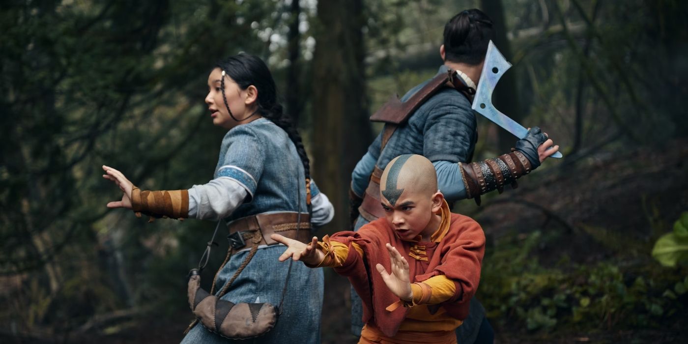 Aang, Katara, and Sokka in fighting positions in Netflix's Avatar: The Last Airbender