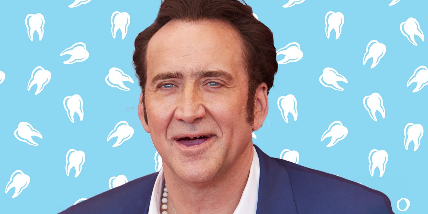 Toothless Nicolas Cage with teeth floating on a light blue background