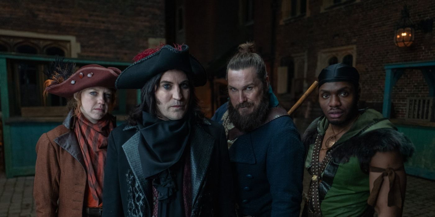 Ellie White, Noel Fielding, Marc Wootton, and Duayne Boachie dressed in pirate costumes in 'The Completely Made-Up Adventures of Dick Turpin'