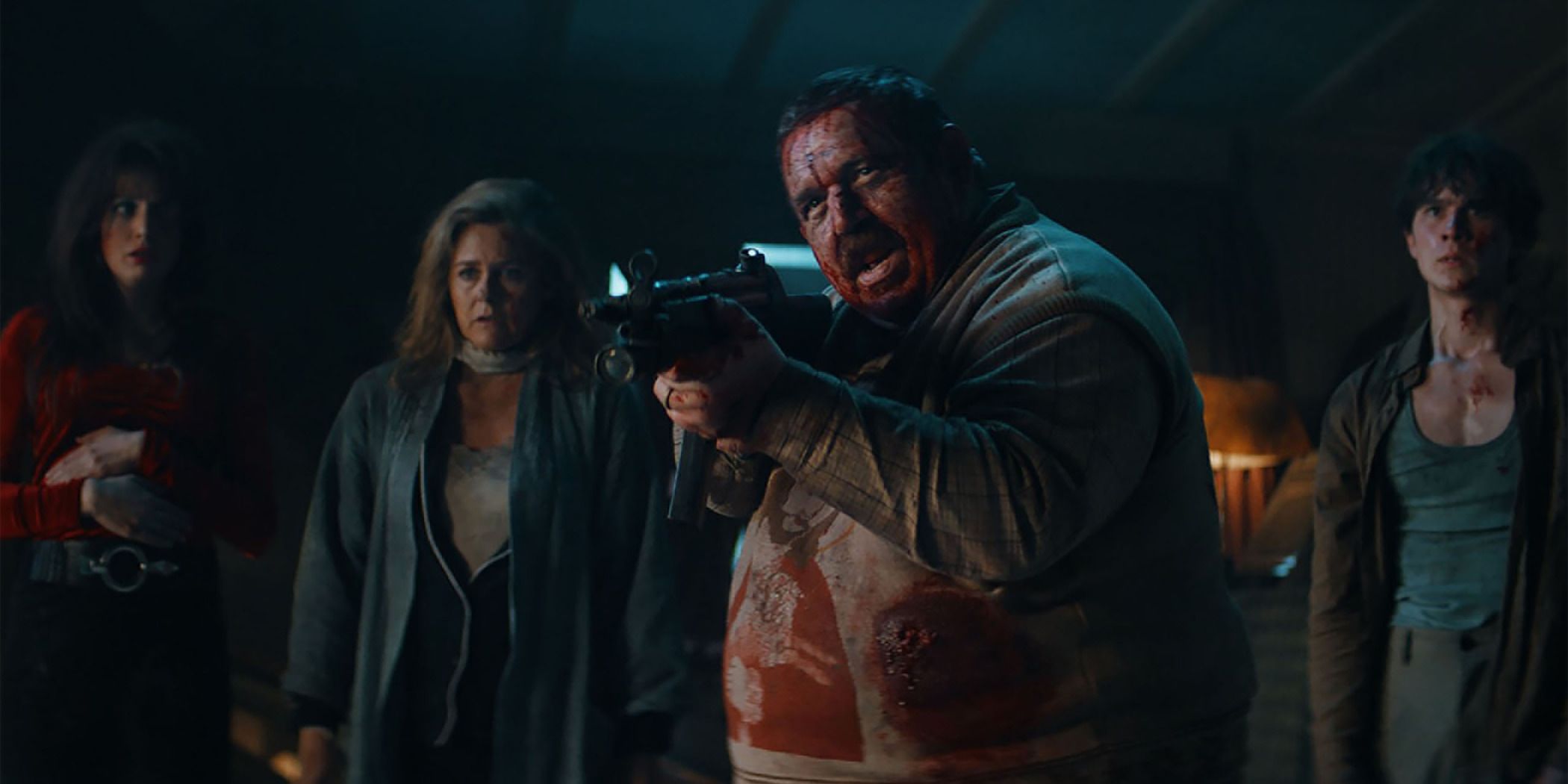 Nick Frost covered in blood standing with Alicia Silverstone, Gaite Jensen, and Walt Klink in Krazy House for Sundance 2024