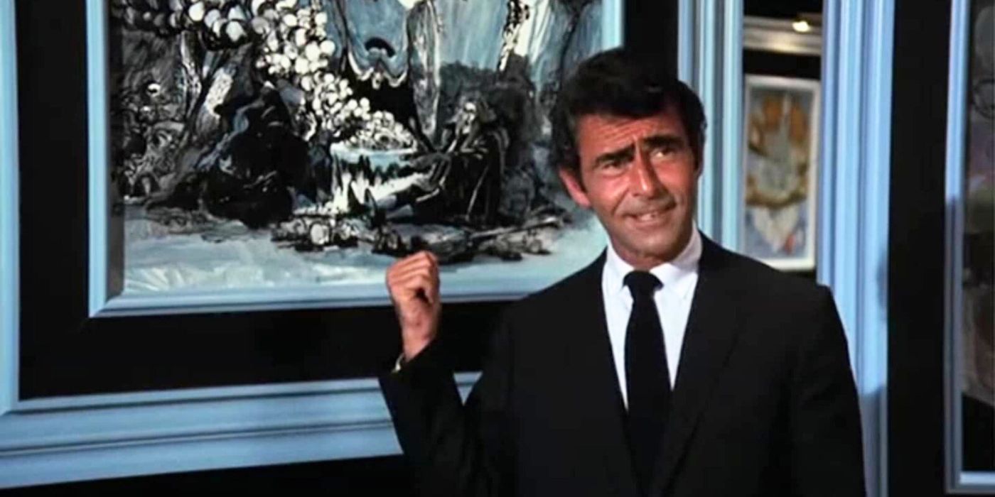 Rod Serling gesturing at a painting behind him in Night Gallery