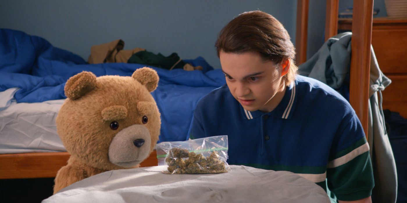 Max Burkholder and Seth MacFarlane as John and Ted, staring at a bag of weed in TED
