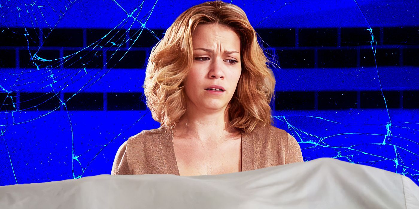 Bethany Joy Lenz as Haley James Scott in front of a fractured blue backdrop, looking tearfully at a body covered in a white sheet on One Tree Hill
