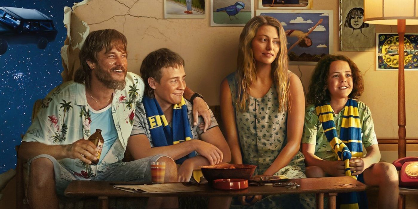 Lyle Orlik (Travis Fimmel), Gus Bell (Lee Halley), Eli Bell (Felix Cameron), and Phoebe Tonkin (Frances Bell) on the poster for Boy Swallows Universe